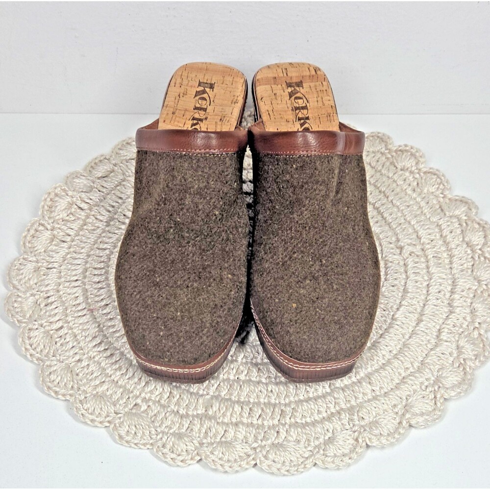 Korks Ease Lori Wool Clogs Womens 9 M Brown Leather Trim Platform Heel Slip On